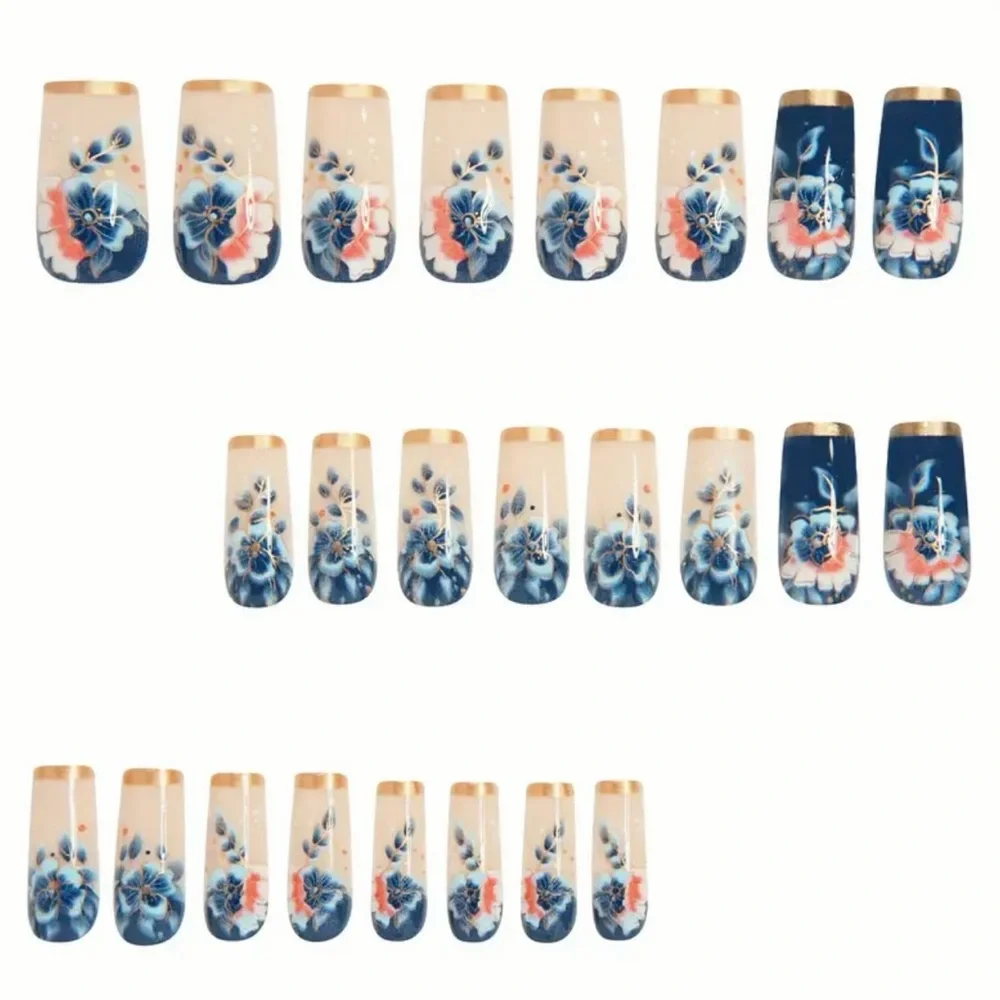 Floral Blue and Cream Press-On Nails, NEW - Picture 4 of 6